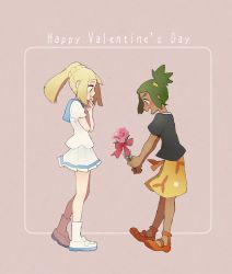 Rule 34 | 1boy, 1girl, black shirt, blonde hair, blue eyes, blush, bow, braid, brown background, covering own mouth, creatures (company), dark-skinned male, dark skin, english text, flower, french braid, from side, full body, game freak, gift, green eyes, green hair, hair ornament, hands up, hau (pokemon), highres, holding, lillie (pokemon), looking down, miu (miuuu 721), nintendo, nose blush, open mouth, orange footwear, orange shorts, outstretched arms, pink flower, pink rose, pleated skirt, pokemon, pokemon sm, ponytail, profile, red bow, rose, sandals, shirt, shoes, short hair, short sleeves, shorts, simple background, skirt, smile, socks, standing, text focus, valentine, white footwear, white legwear, white shirt, white skirt