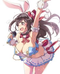 Rule 34 | 1girl, animal ears, arm cuffs, arm up, armpits, bare legs, blush, breasts, brown hair, cleavage, cowboy shot, crop top, fake animal ears, frilled skirt, frills, from side, hair ribbon, holding, holding microphone, idol, idolmaster, idolmaster shiny colors, kawaty, large breasts, leaning forward, long hair, microphone, miniskirt, open mouth, rabbit ears, ribbon, simple background, skirt, smile, solo, stomach, sweat, teeth, tsukioka kogane, white background, wrist cuffs