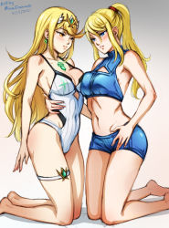 Rule 34 | 2girls, artist name, bare shoulders, blonde hair, blue eyes, blush, breasts, cleavage, crossover, dated, female focus, headpiece, jewelry, kneeling, large breasts, legs, leotard, long hair, matching hair/eyes, metroid, midriff, mina cream, mole, mole under mouth, multiple girls, mythra (radiant beach) (xenoblade), mythra (xenoblade), navel, nintendo, one-piece swimsuit, ponytail, samus aran, shorts, simple background, smile, strapless, strapless one-piece swimsuit, super smash bros., swept bangs, swimsuit, thigh strap, tiara, trait connection, very long hair, white one-piece swimsuit, xenoblade chronicles (series), xenoblade chronicles 2, yellow eyes, yuri
