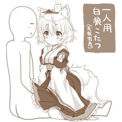 Rule 34 | 1girl, animal ears, blush, closed mouth, commentary request, cup, full body, hair between eyes, inubashiri momiji, kei kei, kourindou tengu costume, monochrome, obi, rice cooker, sash, short hair, simple background, sitting, sitting on lap, sitting on person, sleeves past wrists, steam, sweat, tail, touhou, translation request, tray, white background, wide sleeves, wolf ears, wolf tail, yunomi