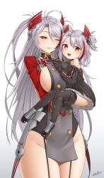 Rule 34 | 2girls, :d, ;), absurdres, antenna hair, azur lane, bare shoulders, breasts, carrying, child carry, closed mouth, clothing cutout, commentary, cowboy shot, english commentary, garter straps, groin, hair between eyes, highres, large breasts, little prinz eugen (azur lane), looking at viewer, mole, mole on breast, mother and daughter, multiple girls, one eye closed, open mouth, parted bangs, pelvic curtain, prinz eugen (azur lane), side cutout, sideboob, sidelocks, simple background, smile, standing, teeth, thighhighs, upper teeth only, white background, whitter