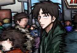 Rule 34 | 1boy, 6+others, black hair, blue sky, blurry, brown hair, city, closed mouth, cloud, commentary, expressionless, facial scar, green jacket, itou kaiji, jacket, kaiji, long hair, looking at viewer, male focus, medium bangs, motion blur, multiple others, outdoors, people, pointy nose, sanpaku, scar, scar on cheek, scar on face, sign, sky, solo focus, upper body, wakigyoa