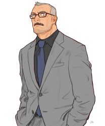 Rule 34 | 1boy, aaron gruber (o natsuo88), bara, beard stubble, black shirt, blue necktie, closed mouth, facial hair, facial scar, formal, glasses, grey hair, grey jacket, grey pants, grey suit, hands in pockets, highres, jacket, looking at another, male focus, mature male, mustache, necktie, o natsuo88, old, old man, original, pants, receding hairline, rectangular eyewear, scar, scar on cheek, scar on face, shirt, short hair, solo, stubble, suit, thick eyebrows, thick mustache, upper body, white background, wrinkled skin