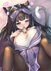 Rule 34 | 1girl, animal ear fluff, animal ears, arashio (azur lane), azur lane, bell, black hair, black pantyhose, blue skirt, blush, bow, breasts, cat ears, cat girl, cat tail, cleavage, commentary request, hair bow, hands on own chest, heart, huge breasts, jingle bell, long hair, lying, nose blush, on back, open mouth, oppai loli, pantyhose, purple bow, purple eyes, sakimori dan, saliva, saliva trail, skirt, solo, spread legs, tail, thighband pantyhose