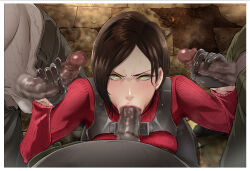 Rule 34 | 1girl, :&gt;=, ada wong, angry, black hair, blush, breasts, butcha-u, censored, double handjob, embarrassed, fellatio, from above, gloves, group sex, handjob, highres, kneeling, large breasts, looking at viewer, mosaic censoring, oral, pantyhose, penis, pov, resident evil, resident evil 4, short hair, sweat, v-shaped eyebrows, yellow eyes