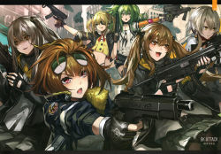 Rule 34 | :p, absurdres, aiming, ammunition, armband, aviator sunglasses, black bow, black gloves, black legwear, black ribbon, blonde hair, blue eyes, blush, bow, breasts, brown eyes, brown hair, calico light weapons systems, calico m950, calico m950a, cheek pistol, cityscape, cleavage, closed mouth, clothes writing, collarbone, cropped jacket, double-stack magazine, dual wielding, eyepatch, eyewear on head, fingerless gloves, folding stock, fur-trimmed jacket, fur trim, girls&#039; frontline, gloves, green hair, grey hair, grizzly mkv (girls&#039; frontline), gun, hair between eyes, hair bow, hair ornament, hair ribbon, hairclip, handgun, helical magazine, high-capacity magazine, highres, holding, holding gun, holding weapon, hood, hood down, hooded jacket, huge filesize, infukun, jacket, kriss usa, l.a.r. manufacturing, lar grizzly win mag, large breasts, letterboxed, long hair, looking at viewer, m950a (girls&#039; frontline), machine pistol, magpul, medium breasts, messy hair, multiple girls, official art, one side up, open mouth, pantyhose, partially fingerless gloves, personal defense weapon, pistol, pistol stabilizing brace, pleated skirt, purple eyes, ribbon, scar, scar across eye, scar on face, shaded face, shirt, short hair, shorts, siblings, sidelocks, sisters, skirt, skorpion (girls&#039; frontline), skorpion vz. 61, smile, stock (firearm), stubby grip, submachine gun, sunglasses, thigh strap, tongue, tongue out, transformational defense industries, twins, twintails, ump45 (girls&#039; frontline), ump9 (girls&#039; frontline), vector (girls&#039; frontline), vertical forward grip, weapon, white shirt, window magazine, yellow eyes