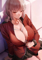 Rule 34 | 1girl, absurdres, areola slip, black skirt, blazer, blush, bra, breasts, cleavage, collarbone, couch, cupless bra, fate/grand order, fate (series), florence nightingale (fate), grey hair, highres, jacket, large breasts, looking at viewer, on couch, red eyes, red jacket, rororo, sitting, skirt, solo, tagme, underwear, variant set, white bra