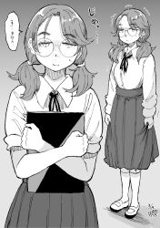 Rule 34 | 1girl, book, crossed arms, freckles, glasses, greyscale, hadashi no kenji, highres, jimiko, long skirt, long sleeves, looking at viewer, low twintails, mary janes, monochrome, multiple views, original, school uniform, shaking, shirt, shoes, short twintails, skirt, skirt hold, socks, speech bubble, sweatdrop, twintails, white shirt, white socks