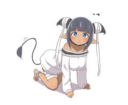 Rule 34 | 1girl, absurdres, all fours, bandaged leg, bandages, bare shoulders, barefoot, black hair, blue eyes, blush, breasts, collarbone, commentary request, cow horns, cow tail, dark-skinned female, dark skin, flying sweatdrops, highres, horns, idaten93, long sleeves, looking at viewer, medium breasts, off-shoulder shirt, off shoulder, original, parted lips, pointy ears, shadow, shirt, sidelocks, sleeves past wrists, solo, tail, white background, white shirt