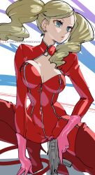 Rule 34 | absurdres, blonde hair, blue eyes, boots, breast zipper, breasts, cameltoe, cleavage cutout, clothing cutout, earrings, fake tail, full-length zipper, gloves, gun, hand on ground, heart, heart earrings, high heels, highres, jewelry, large breasts, no mask, patreon logo, patreon username, persona, persona 5, pink gloves, poechan chan, squatting, submachine gun, tail, takamaki anne, thigh boots, twintails, weapon, zipper, zipper pull tab