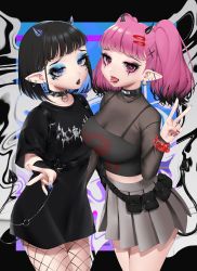 Rule 34 | 2girls, absurdres, belt, belt pouch, bitaro, black belt, black eyeshadow, black hair, black lips, black shirt, blue eyeshadow, blue hair, blue nails, camisole, collar, colored inner hair, crop top, demon girl, ear piercing, eyelashes, eyeshadow, fang, fishnet legwear, fishnets, goth fashion, gothic, gradient hair, grey shirt, grey skirt, hair ornament, hairpin, halloween, harness, highres, looking at viewer, makeup, mascara, miniskirt, multicolored hair, multiple girls, nail polish, original, pantyhose, piercing, pink eyeshadow, pink hair, pink lips, pleated skirt, pointy ears, pouch, red belt, red nails, safety pin, see-through, shirt, short hair, skirt, spiked collar, spikes, strap gap, t-shirt, tongue, tongue out, tongue piercing, utility belt, v, wrist straps, x hair ornament