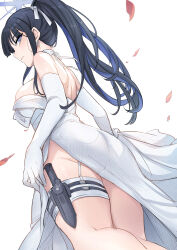 Rule 34 | 1girl, ass, blue archive, blue halo, choker, colored inner hair, dress, elbow gloves, garter straps, gloves, halo, highres, multicolored hair, official alternate costume, saori (blue archive), saori (dress) (blue archive), solo, strapless, strapless dress, white choker, white dress, white garter straps, white gloves, yougenko