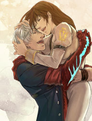 Rule 34 | 1boy, 1girl, belt, breasts, brown hair, calligraphy brush (medium), commentary request, devil may cry, devil may cry (series), devil may cry 4, dress, ewinnie, graphite (medium), hug, jacket, kyrie, long hair, nero (devil may cry), smile, traditional media, white dress, white hair
