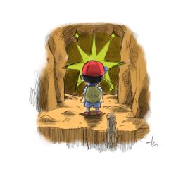 Rule 34 | 1boy, backpack, bag, black hair, cave, log, looking away, mother (game), mother 2, ness (mother 2), nintendo, red headwear, shirt, shorts, star (symbol), striped clothes, striped shirt, takeuchi kou
