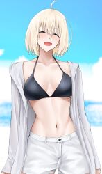 Rule 34 | 1girl, :d, ^ ^, ahoge, azur lane, bataan (azur lane), bikini, black bikini, blonde hair, blue sky, character request, closed eyes, commentary request, cowboy shot, day, facing viewer, highres, jacket, jakqbigone, long sleeves, navel, open clothes, open jacket, open mouth, outdoors, short hair, shorts, sky, smile, solo, standing, stomach, swimsuit, white jacket, white shorts
