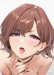 Rule 34 | 1girl, black choker, blush, brown hair, choker, collarbone, female focus, fingernails, from above, hands on own chest, highres, higuchi madoka, idolmaster, idolmaster shiny colors, looking at viewer, looking up, making-of, mole, mole under eye, nude, open mouth, pov, purple eyes, short hair, simple background, solo, tongue, tongue out, v-shaped eyebrows, white background, yd (orange maru)