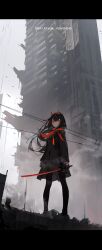 Rule 34 | 1girl, absurdres, black gloves, black hair, black jacket, black skirt, building, chinese commentary, commentary request, copyright name, gloves, grey sky, highres, holding, holding sword, holding weapon, jacket, katana, long sleeves, looking at viewer, lucia: lotus (punishing: gray raven), multicolored hair, nid417, punishing: gray raven, red hair, red scarf, scarf, scenery, skirt, sky, solo, standing, sword, two-tone hair, weapon