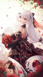 Rule 34 | 1girl, absurdres, bare shoulders, black dress, black sleeves, blush, bouquet, chinese commentary, detached sleeves, dress, earrings, flower, hair between eyes, highres, holding, holding bouquet, honkai (series), honkai impact 3rd, jewelry, long hair, long sleeves, looking at viewer, theresa apocalypse (luna kindred), maoh yueer, open mouth, red eyes, red flower, red rose, rose, second-party source, solo, theresa apocalypse, theresa apocalypse (lunar vow: crimson love), white hair