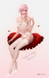 Rule 34 | 1girl, absurdres, artist name, bare shoulders, blue eyes, bra, bra tug, breasts, choker, collarbone, facebook username, final fantasy, final fantasy xiii, gradient background, groin, hair over shoulder, high heels, highres, jewelry, lace, lace-trimmed legwear, lace bra, lace choker, lace panties, lace trim, large breasts, leirix, lightning farron, lingerie, long hair, looking at viewer, navel, necklace, panties, parted lips, petals, pink hair, red lips, sidelocks, signature, simple background, sitting, solo, stomach, strap slip, thighhighs, underwear, underwear only, wavy hair, white bra, white choker, white footwear, white panties, white thighhighs