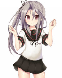 Rule 34 | 1girl, alternate costume, alternate hairstyle, amano kouki, ayanami (kancolle), ayanami (kancolle) (cosplay), brown eyes, clenched hands, cosplay, highres, kantai collection, long hair, looking at viewer, pleated skirt, remodel (kantai collection), school uniform, serafuku, side ponytail, silver hair, skirt, smile, solo, white background, zuihou (kancolle)