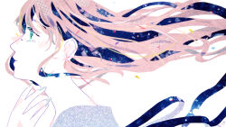 Rule 34 | abstract, absurdres, closed mouth, commentary request, dust (vocaloid), earrings, from side, hair between eyes, highres, jewelry, limited palette, long hair, masking tape (medium), megurine luka, nail polish, pink hair, pink nails, portrait, profile, ribbon, ryono, sidelocks, signature, simple background, traditional media, vocaloid