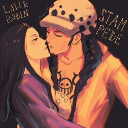 Rule 34 | 1boy, 1girl, black hair, blush, breasts, cardigan, character name, chest tattoo, dress, earrings, eyewear on head, facial hair, fur-trimmed jacket, fur hat, fur trim, goatee, hat, hetero, highres, imminent kiss, jacket, jewelry, large breasts, lips, long hair, looking at another, medium breasts, nico robin, one piece, one piece: stampede, seraphim hani, short hair, smile, sunglasses, tattoo, trafalgar law, white dress, yellow jacket