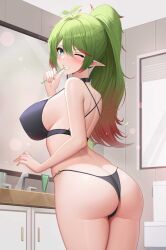 Rule 34 | 1girl, absurdres, aqua eyes, ass, bikini, black bikini, blush, breasts, bright pupils, butt crack, colored tips, commission, drinking straw, drinking straw in mouth, elf, gradient hair, green hair, highres, large breasts, median furrow, multicolored hair, one eye closed, original, plant hair, pointy ears, ponytail, red hair, sink, solo, swimsuit, ultra-13, white pupils