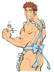 Rule 34 | 1boy, apron, ass, bara, blue apron, brown hair, character request, check character, cropped legs, double chin, facial hair, highres, looking at viewer, looking back, male focus, mature male, multicolored hair, muscular, muscular male, naked apron, pectorals, precure, shirako (kirupi), short hair, sideburns stubble, sidepec, smile, solo, stubble, they&#039;re, thick eyebrows, tsuyoshi inukai, two-tone hair, unfinished, wonderful precure!