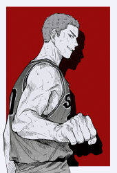 Rule 34 | 1boy, basketball jersey, basketball uniform, beckoning, bishounen, black eyes, buzz cut, drop shadow, fist bump, highres, looking at viewer, male focus, monochrome, og man, open mouth, profile, red background, red hair, sakuragi hanamichi, short hair, slam dunk (series), smile, solo, sportswear, spot color, sweat, tank top, toned, toned male, very short hair, very sweaty
