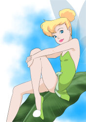 Rule 34 | 1girl, backless dress, backless outfit, bare shoulders, blonde hair, blue background, blue eyes, blue sky, closed mouth, cloud, day, dress, fairy, fairy wings, female focus, flat chest, from side, green dress, green footwear, hair bun, highres, knee up, leaf, legs, lips, looking at viewer, mini person, minigirl, oira wa arumajiro, outdoors, outstretched arms, own hands together, peter pan (disney), pointy ears, pom pom (clothes), shoes, short dress, short hair, single hair bun, sitting, sky, solo, thighs, tinker bell (disney), wings
