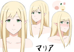 Rule 34 | 1girl, blonde hair, blush, character sheet, closed mouth, collarbone, commentary, completely nude, elf, frown, green eyes, hall onon, long hair, looking at viewer, maria (hall onon), nervous, nude, original, pointy ears, smile, solo, sweatdrop, swept bangs, translated, white background