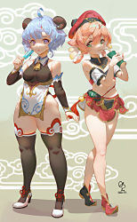 Rule 34 | 2girls, aged down, ahoge, bare shoulders, bell, black footwear, black legwear, black leotard, blue eyes, blue hair, breasts, chinese commentary, commentary request, cowbell, crop top, dated, detached sleeves, drinking, drinking straw, drinking straw in mouth, eating, food, full body, ganyu (genshin impact), genshin impact, goat horns, green eyes, hair between eyes, hat, high heels, highres, holding, horns, leotard, leotard under clothes, long sleeves, looking at another, medium breasts, medium hair, multiple girls, navel, neck bell, pink hair, popsicle, red footwear, red headwear, red skirt, ribao, short hair, short sleeves, signature, skirt, standing, stomach, thick thighs, thighhighs, thighs, tongue, tongue out, twintails, two-tone footwear, white footwear, yanfei (genshin impact)