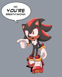 Rule 34 | 1boy, absurdres, black fur, english text, full body, furry, furry male, gloves, grey background, highres, multicolored hair, novika, open mouth, outline, pointing, red eyes, red footwear, red fur, shadow the hedgehog, shoes, simple background, solo, sonic (series), speech bubble, two-tone footwear, two-tone hair, white footwear, white gloves, white outline