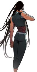 Rule 34 | 1boy, absurdres, black hair, crop top, feet out of frame, from behind, green pants, green shirt, hand on own neck, hand up, highres, hunter x hunter, illumi zoldyck, long hair, male focus, muscular, muscular male, pants, shirt, simple background, sleeveless, sleeveless shirt, solo, standing, very long hair, white background, xxlsid48