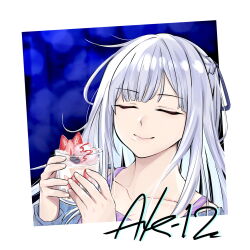 Rule 34 | 1girl, ak-12 (girls&#039; frontline), blue background, casual, character name, closed eyes, collarbone, commentary, cup, english commentary, food, food on face, fruit, girls&#039; frontline, highres, holding, holding cup, long hair, parfait, samsam s2s, smile, solo, strawberry, strawberry parfait, upper body, white hair