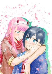 Rule 34 | 10s, 1boy, 1girl, absurdres, arm around neck, black hair, blue eyes, blue hoodie, blush, brown hoodie, couple, darling in the franxx, fringe trim, green eyes, hair ornament, hairband, hand on another&#039;s face, hetero, highres, hiro (darling in the franxx), hood, hoodie, horns, hug, long hair, looking at another, monkeydjonh, oni horns, open clothes, open hoodie, petals, pink hair, pink shirt, purple shirt, red horns, red scarf, scarf, shirt, short hair, sleeves rolled up, white hairband, zero two (darling in the franxx)