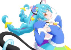 Rule 34 | 1girl, :d, animal ear fluff, animal ears, blue gloves, blue hair, blue hat, blue jacket, braid, breasts, cat ears, cat tail, collar, collarbone, cure cosmo, elbow gloves, eyelashes, floating hair, from side, fuchi (nightmare), fur-trimmed gloves, fur trim, gloves, hat, jacket, long hair, looking at viewer, mini hat, miniskirt, multicolored clothes, multicolored skirt, open mouth, orange eyes, precure, simple background, skirt, sleeveless, sleeveless jacket, small breasts, smile, solo, standing, star twinkle precure, tail, twin braids, twintails, very long hair, white background
