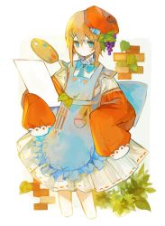 Rule 34 | 1girl, apron, beret, blue apron, blue bow, blue bowtie, bow, bowtie, brick, canvas (object), closed mouth, cropped legs, dress, frilled apron, frilled shirt collar, frills, hat, highres, irodori warabi, leaf, long sleeves, looking at viewer, original, paint tube, palette (object), plant, puffy long sleeves, puffy sleeves, red hat, red sleeves, sleeves past wrists, solo, sweatdrop, twitter username, white background, white dress