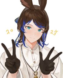 Rule 34 | 1boy, 2023, :3, animal ears, blue eyes, blue hair, brown gloves, closed mouth, dated, final fantasy, final fantasy xiv, gloves, hands up, highres, jewelry, looking at viewer, lumeru 33, male focus, multicolored hair, necklace, rabbit ears, shirt, simple background, smile, solo, two-tone hair, upper body, v, viera, w, warrior of light (ff14), white background, white shirt