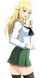 Rule 34 | 1girl, alternate costume, black neckerchief, black thighhighs, blonde hair, blouse, blue eyes, commentary, cowboy shot, from side, girls und panzer, green skirt, hair flaps, highres, long hair, long sleeves, looking at viewer, miniskirt, neckerchief, omachi (slabco), ooarai school uniform, open mouth, pleated skirt, princess (princess principal), princess principal, sailor collar, school uniform, serafuku, shirt, simple background, skirt, smile, solo, standing, thighhighs, white background, white sailor collar, white shirt