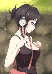 Rule 34 | 1girl, bag, bare shoulders, black hair, blue eyes, breasts, cherry blossoms, cleavage, closed mouth, collarbone, female focus, headphones, md5 mismatch, original, outdoors, resized, solo, strap between breasts, yukiguni yuu