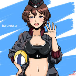 Rule 34 | 1girl, akaboshi koume, ball, black hat, black sports bra, blue eyes, blush, breasts, brown hair, character name, cleavage, dated, female focus, garrison cap, girls und panzer, hat, holding, holding ball, large breasts, looking at viewer, navel, nishi itsumi, open mouth, short hair, solo, sports bra, volleyball (object), wavy hair