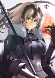 Rule 34 | &gt;:), 1girl, armor, blush, breasts, cape, chain, fate/grand order, fate (series), faulds, fire, flag, from side, fur trim, gauntlets, grey hair, grin, headpiece, jeanne d&#039;arc (fate), jeanne d&#039;arc alter (avenger) (fate), jeanne d&#039;arc alter (fate), kanzaki kureha, large breasts, looking at viewer, looking to the side, short hair, smile, solo, upper body, v-shaped eyebrows, yellow eyes