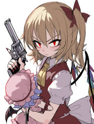 Rule 34 | 1girl, bat wings, blonde hair, character doll, fkey, flandre scarlet, frown, gun, hair between eyes, hair ribbon, handgun, holding, holding weapon, looking at viewer, nail polish, puffy short sleeves, puffy sleeves, red eyes, red nails, red ribbon, red skirt, remilia scarlet, revolver, ribbon, short sleeves, simple background, skirt, skirt set, solo, touhou, trigger discipline, v-shaped eyebrows, vest, weapon, white background, wings