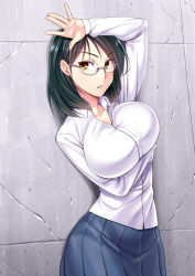 Rule 34 | 1girl, arm up, breast hold, breasts, brown eyes, glasses, green hair, imada kozue, large breasts, original, skirt, solo, standing, wall