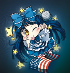 Rule 34 | 1girl, ;p, akanbe, american flag, bad id, bad pixiv id, blue hair, eyelid pull, female focus, flag, full body, gradient background, kabayaki unagi, long hair, one eye closed, oriental sacred place, solo, star sapphire, tongue, tongue out, touhou, united states, wings, wink, yellow eyes