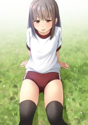 Rule 34 | 1girl, :p, arm support, black thighhighs, brown eyes, brown hair, buruma, closed mouth, commentary request, day, feet out of frame, gym shirt, gym uniform, highres, long hair, looking at viewer, on grass, original, outdoors, red buruma, shibacha, shirt, sitting, smile, solo, thighhighs, tongue, tongue out, white shirt
