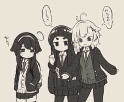Rule 34 | 3girls, :3, antenna hair, backpack, bad id, bad pixiv id, bag, blazer, brown background, cardigan, closed mouth, collared shirt, hair flaps, hair ornament, hairband, hands in pockets, jacket, kuranami shiki, long sleeves, monochrome, multiple girls, natsuki teru, necktie, nekomiya ryuu, open clothes, open jacket, original, outstretched arm, pantyhose, pleated skirt, school uniform, sepia, shikibe ayaka, shirt, short eyebrows, simple background, skirt, sleeves past wrists, sweat, thick eyebrows, thighhighs, translation request, v-shaped eyebrows