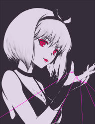 Rule 34 | 1girl, arm guards, bare shoulders, black background, bob cut, breasts, choker, cleavage, closed mouth, copepe, eyebrows, eyelashes, female focus, fingernails, from side, hairband, highres, inuyasha, lipstick, looking at viewer, makeup, monochrome, red eyes, red lips, sakasagami no yura, sharp fingernails, simple background, sleeveless, smile, solo, spot color, string, upper body