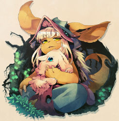 Rule 34 | 10s, 1girl, animal ears, blue eyes, blush stickers, creature, ears through headwear, full body, furry, glowing, grass, hand on own knee, hat, highres, horns, long hair, looking at viewer, made in abyss, mitty (made in abyss), nanachi (made in abyss), open mouth, parted lips, silhouette, sitting, taiki miyu, tail, whiskers, white hair, yellow eyes